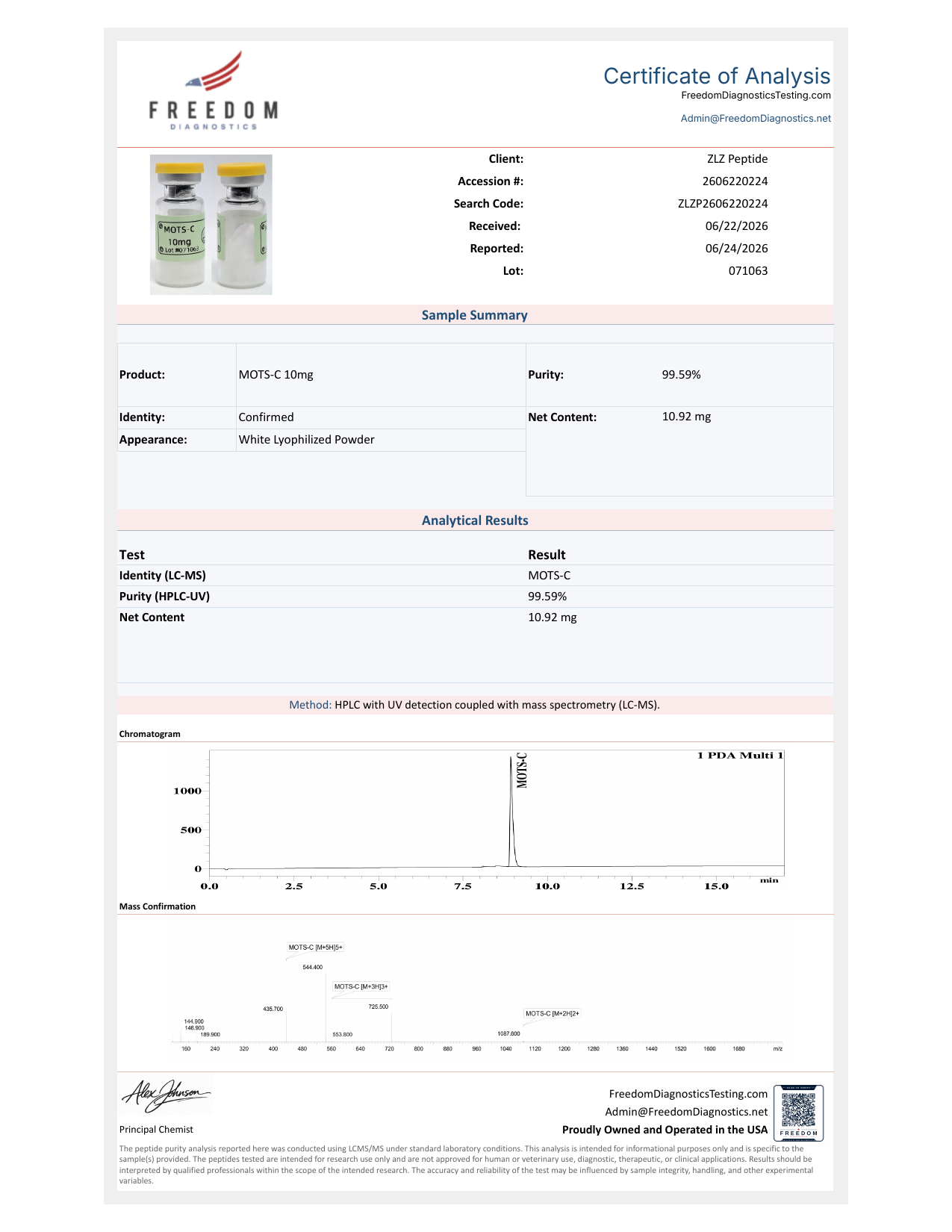 Freedom Diagnostics MOTS-c 10 mg report, lot 071063