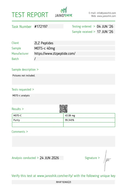 Janoshik Analytical MOTS-c 40 mg report, task 172197 without a usable batch number