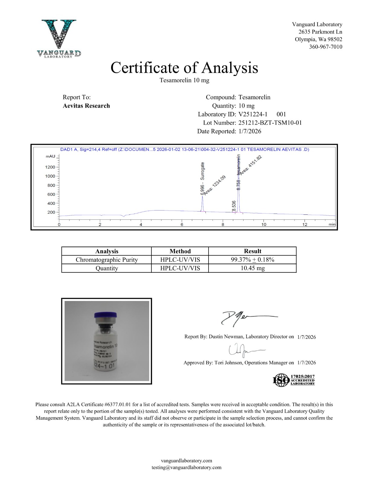 Laboratory report for Tesamorelin, lot 251212-BZT-TSM10-01